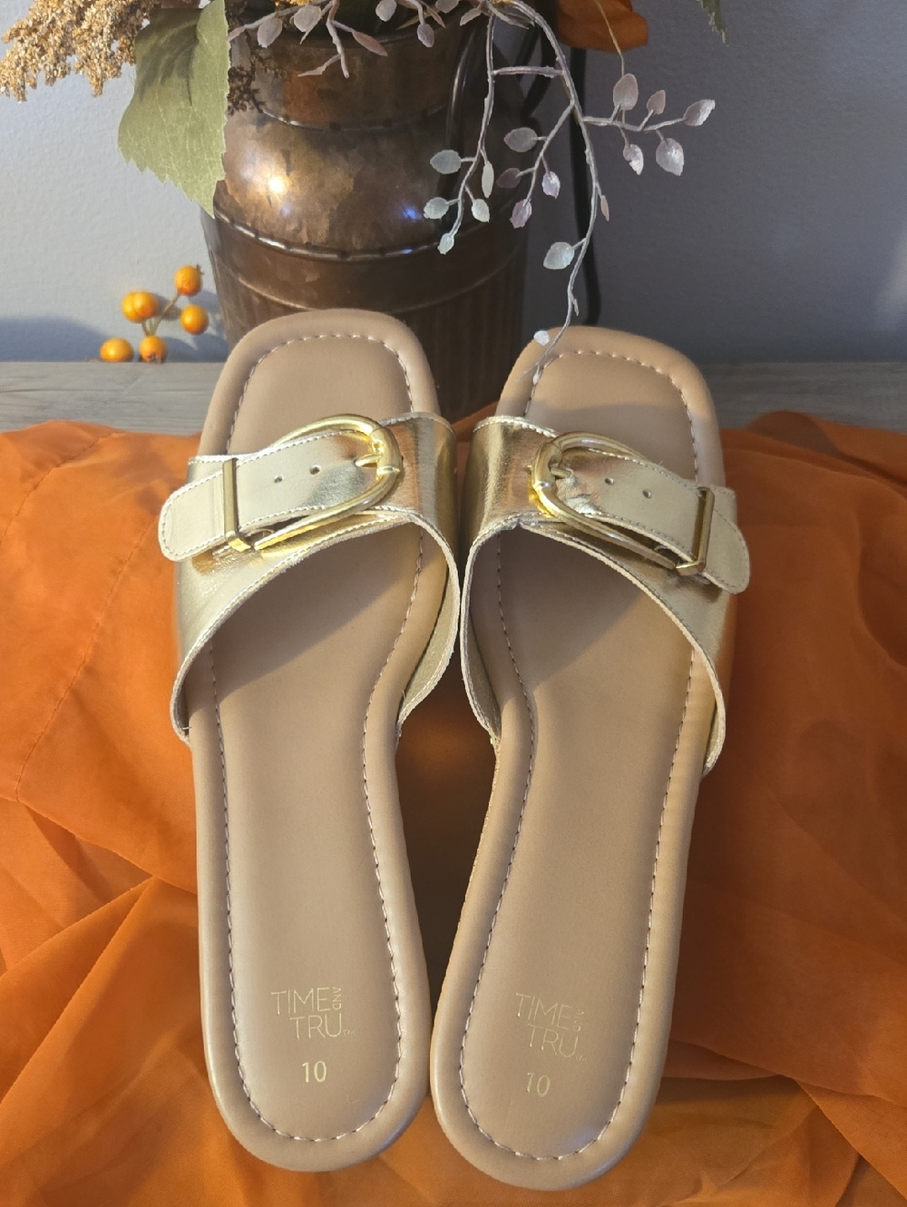 Time and Tru Gold Buckle Slide Sandals